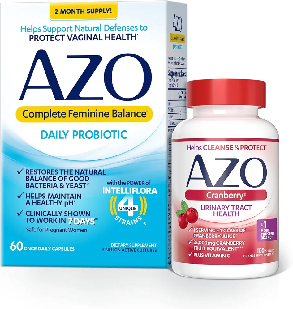 AZO Complete Feminine Balance Daily Probiotics for Women (60 Count) + Cranberry Softgels for Urinary Tract Health (100 Count)