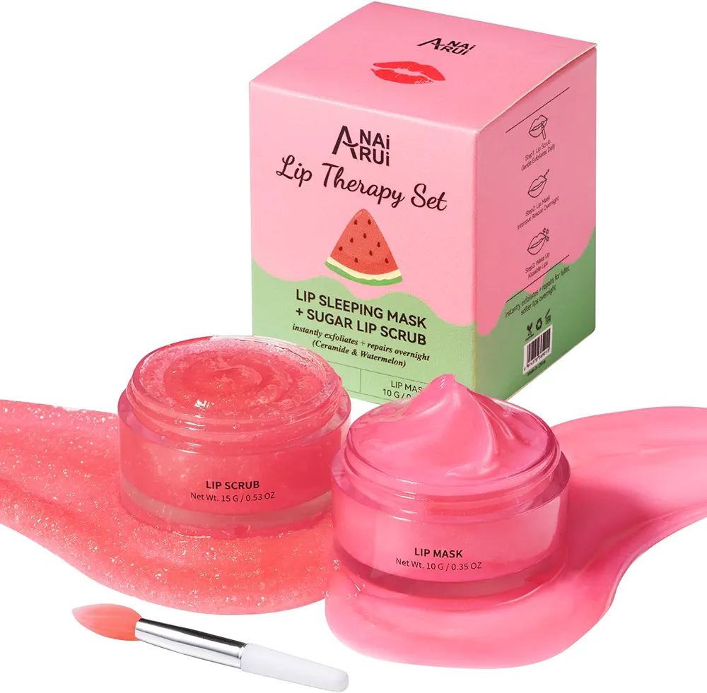 Lip Mask Set, Lip Scrub & Lip Butter, Overnight Lip Treatment Set Enriched With Skin Softening Ceramide & Watermelon and Hydrating Shea Butter, For A Softer & Smoother Pout