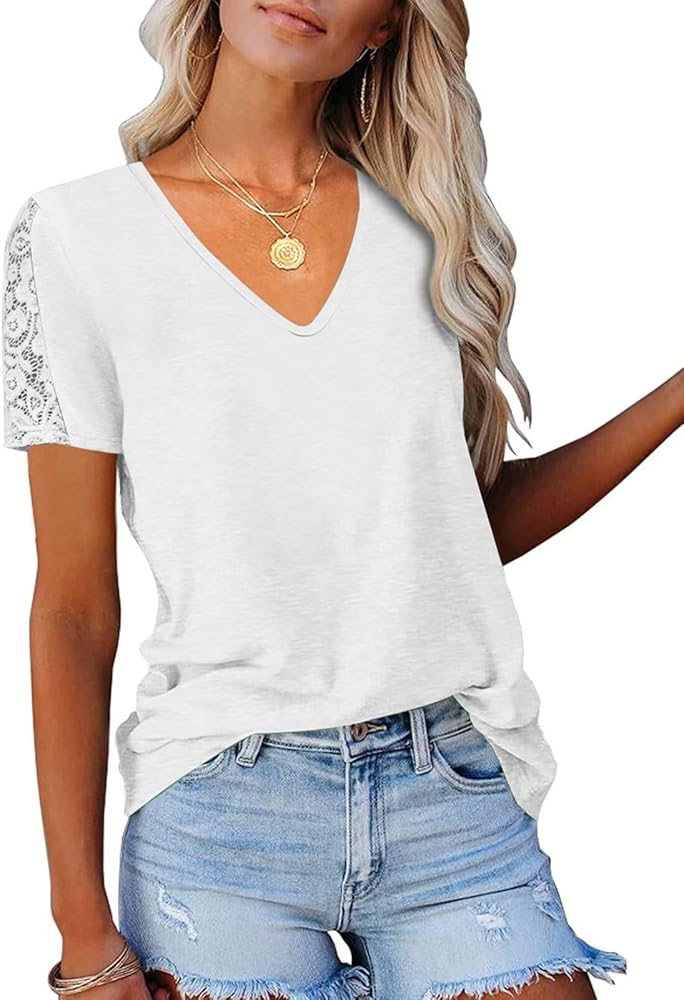 Womens Lace Short Sleeve V Neck T Shirts Summer Casual Tops Loose Fit Tees Blouses