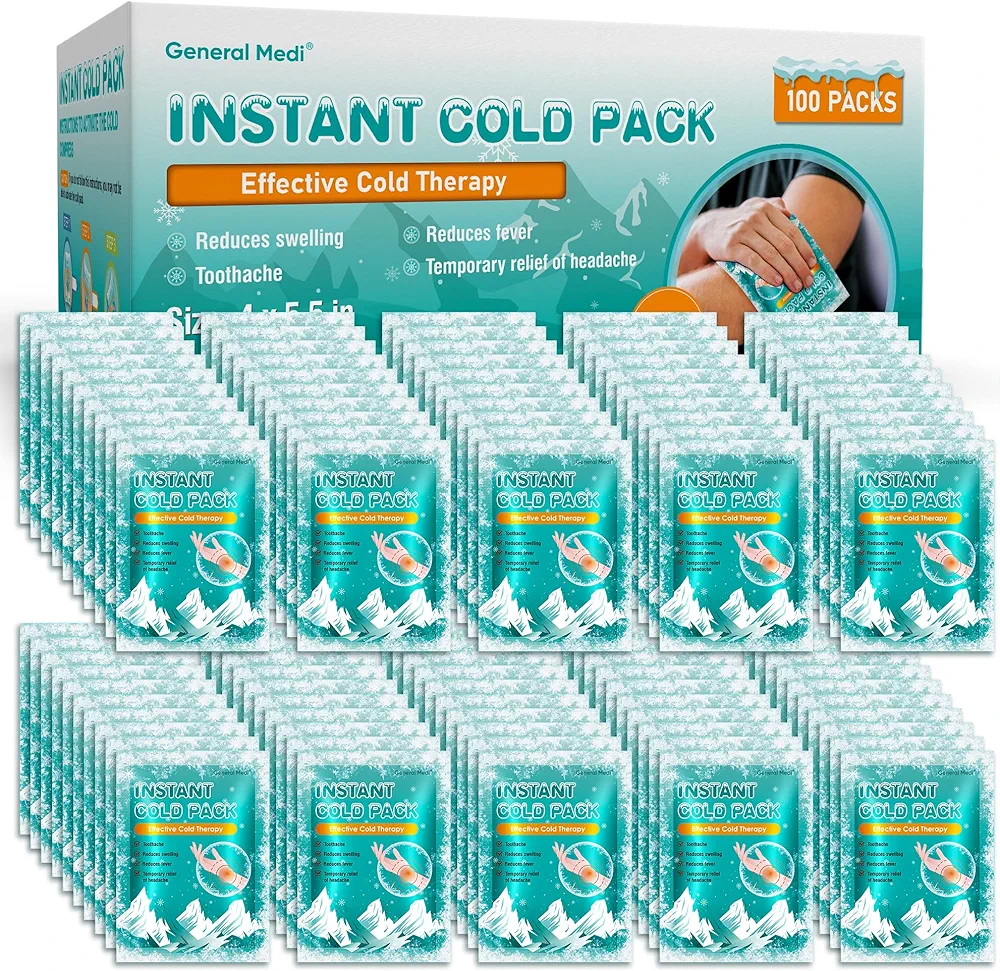 General Medi Instant Ice Cold Pack (4”x 5.5”) – 100 Packs Disposable Cold Therapy Ice Packs for Pain Relief, Swelling, Inflammation, Sprains, Toothache – for Athletes & Outdoor Activities