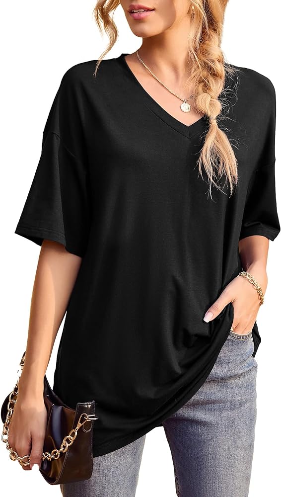 Iandroiy Womens Short Sleeve Tops Dolman V Neck T-Shirts Summer Casual Tunic Tops