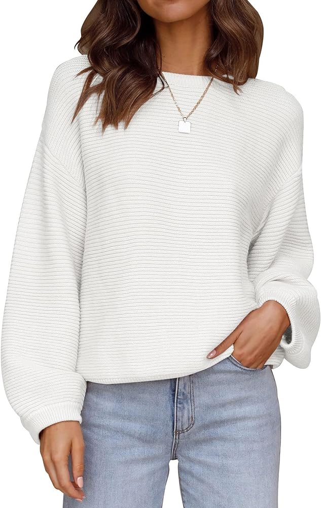 ZESICA Women's 2024 Crew Neck Long Lantern Sleeve Casual Loose Ribbed Knit Solid Soft Pullover Sweater Tops