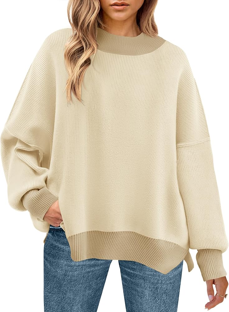 ZESICA Women's Winter Oversized Sweaters Long Sleeve Color Block Mock Neck Side Slit Comfy Loose Knitted Pullover Tops