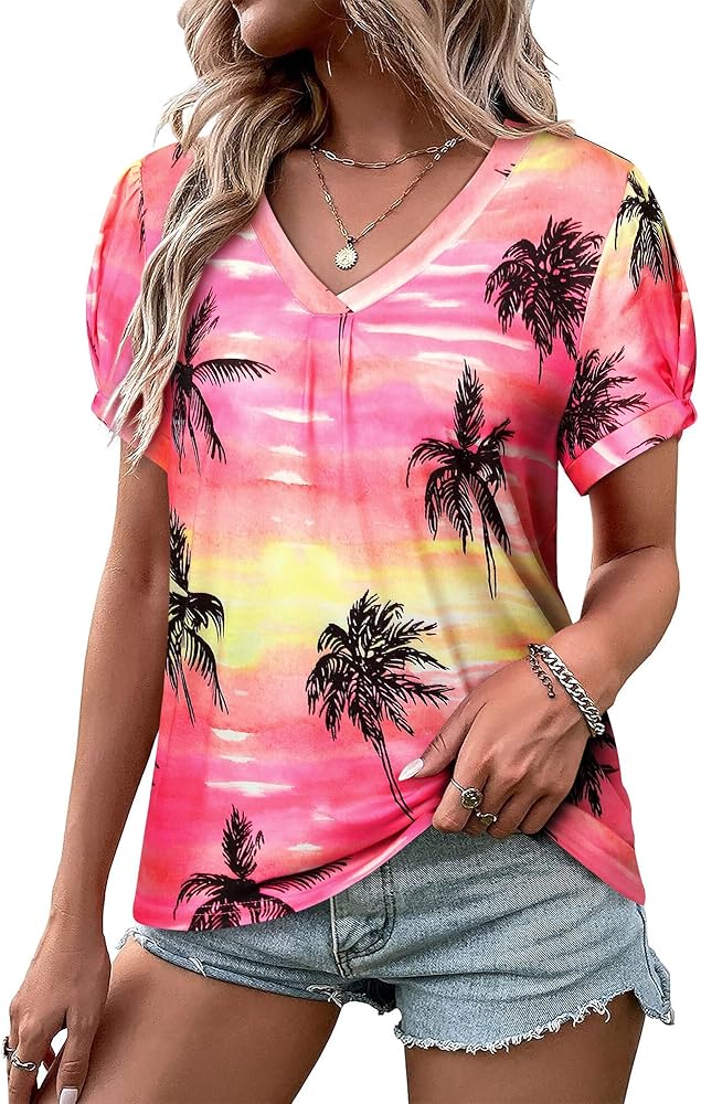 Womens Puff Short Sleeve Hawaiian Shirts Floral Tropic Printed Pleated V Neck Summer Casual T-Shirt Trendy Boho Blouses Tops