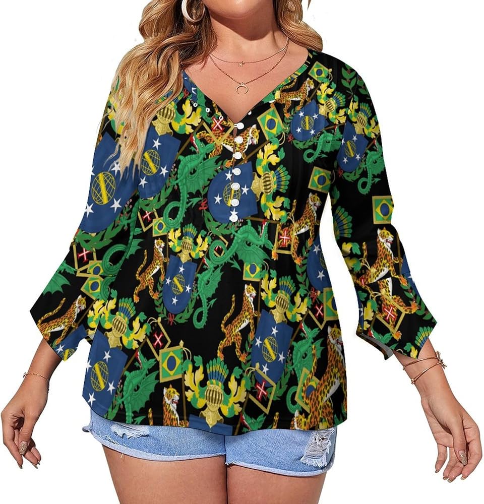 Coat of Arms Brazil Women's V Neck Shirt 3/4 Sleeve Button Down Tee Tops Graphic Print Tunic Blouse