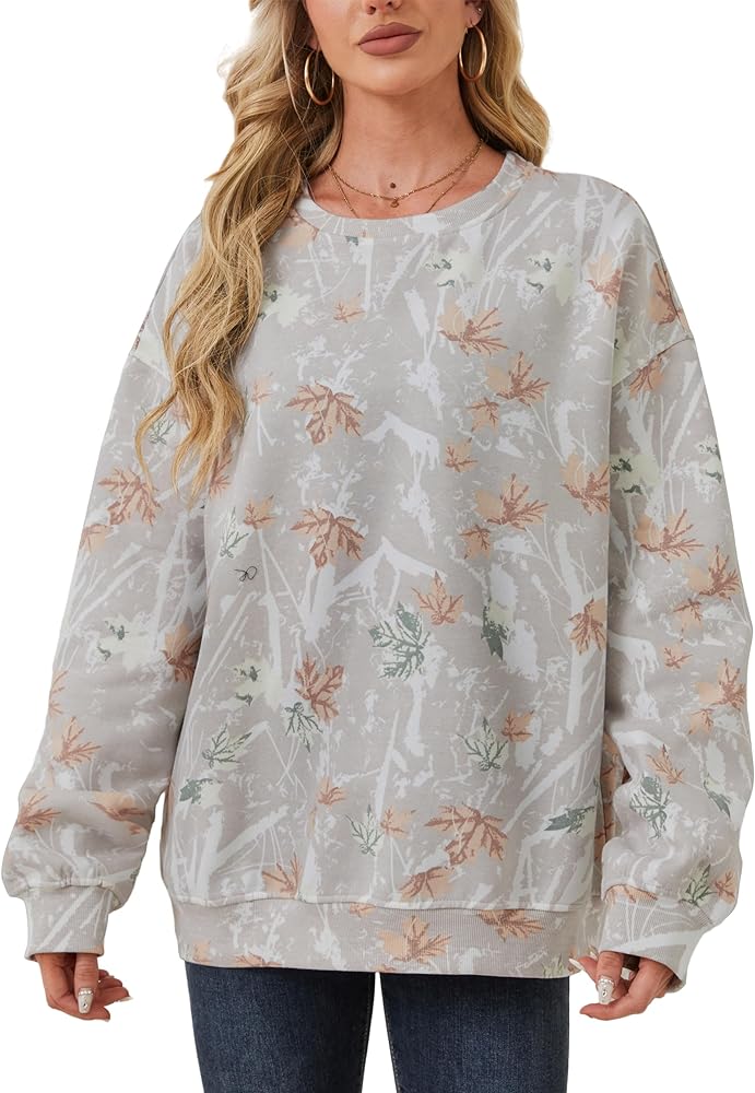 Womens Camo Sweatshirt Maple Leaf Print Oversized Camo Crewneck Sweatshirt Fleece Pullover Hoodies Long Sleeve