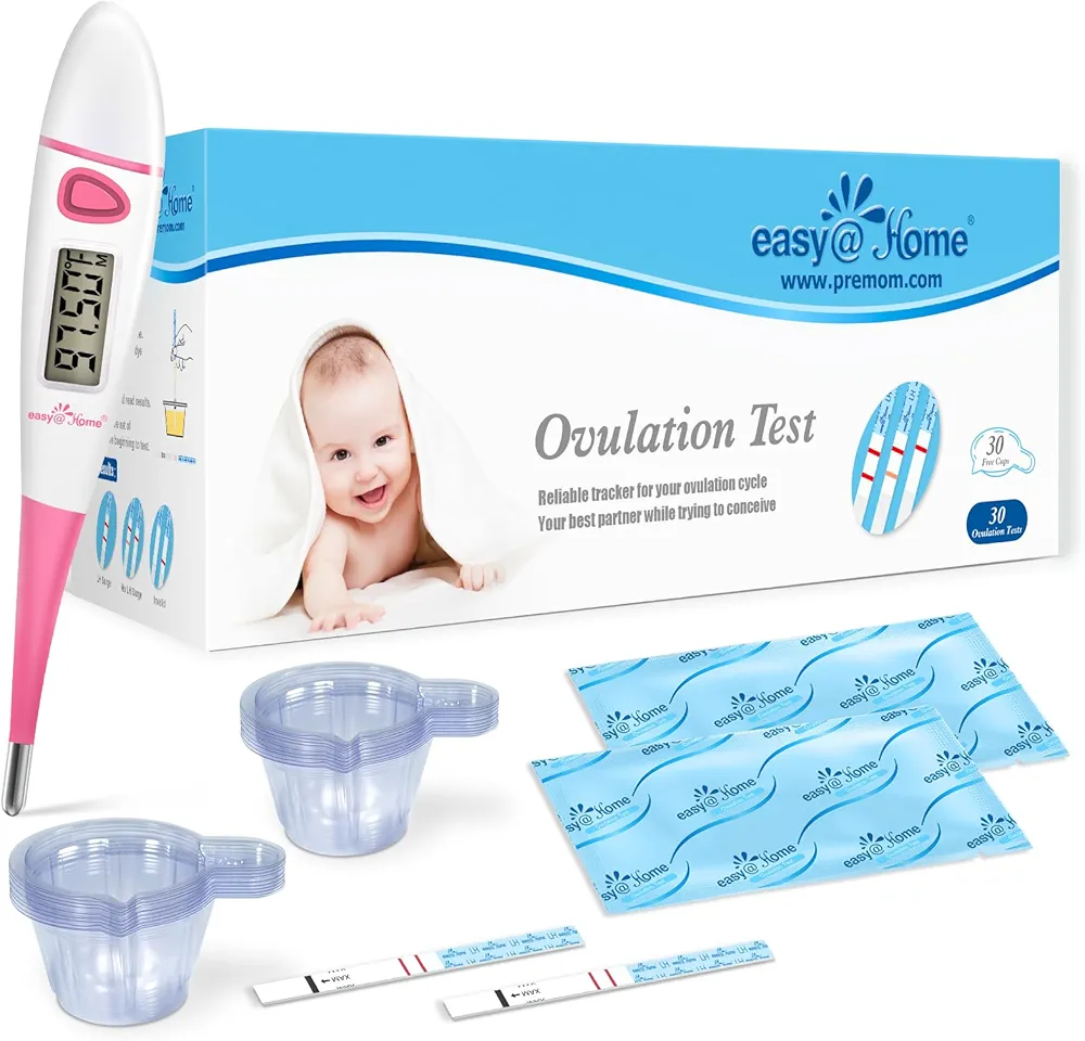 Easy@Home 30 Ovulation Test Strips with 30 Urine Cups + Basal Body Thermometer EBT-018 Pink