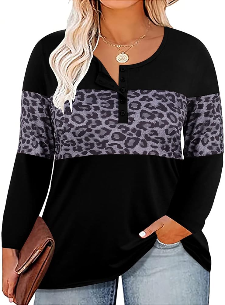 RITERA Women Plus Size Tops Long Sleeve Winter Tops Oversized Ladies Color Block Tunic Leopard Animal Print Tshirt Round Neck with Button Design Fashion Fall Blouse Black 4X 4XL 26W 28W