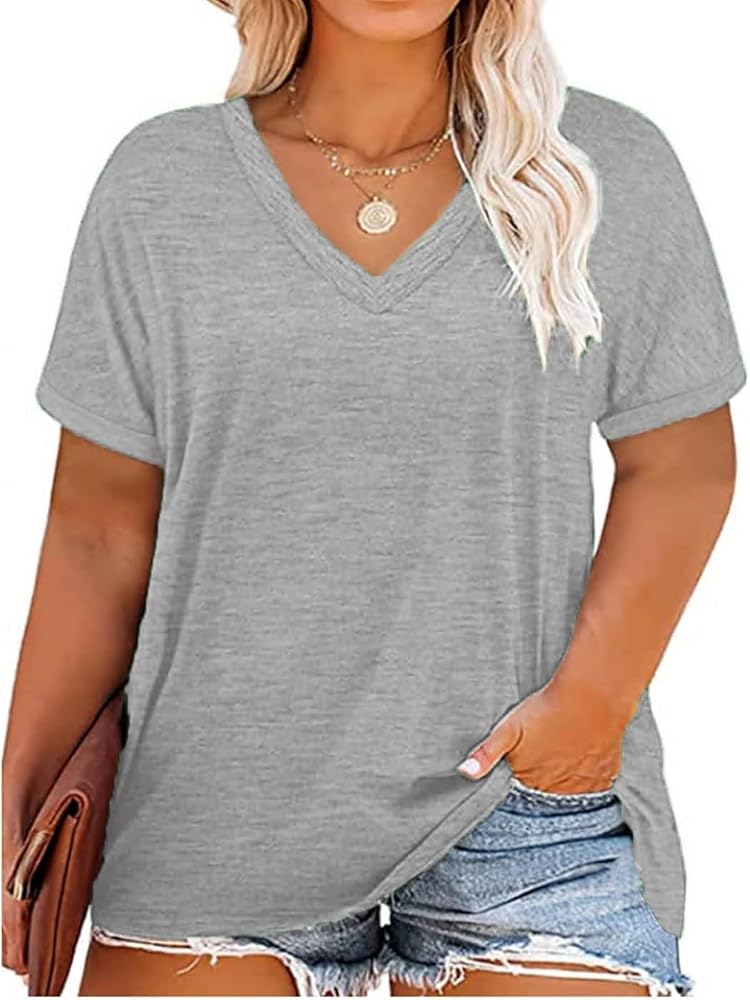 RITERA Plus Size Tops for Women Basic Summer V Neck Shirt Solid Colors Oversized Casual Tunic Comfy Light Grey Henley Tshirt Loose Fit Blouse 1X 14W 16W