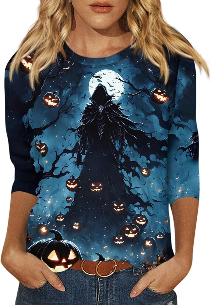 Womens Halloween Shirts 3/4 Sleeve Round Neck Tops Printed Cute Blouse Oversized Casual Tunic Loose Fit Trendy tee