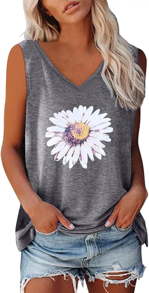 Women's Sleeveless Summer Tops Casual Trendy Sunflower Graphic T Shirts V Neck Basic Tunic Blouses Ladies Outfits