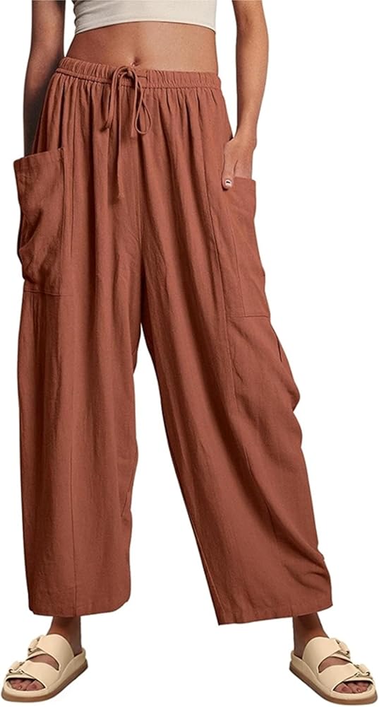 HangNiFang Cotton Linen Wide Leg Pants for Women High Waisted Beach Palazzo Harem Pants