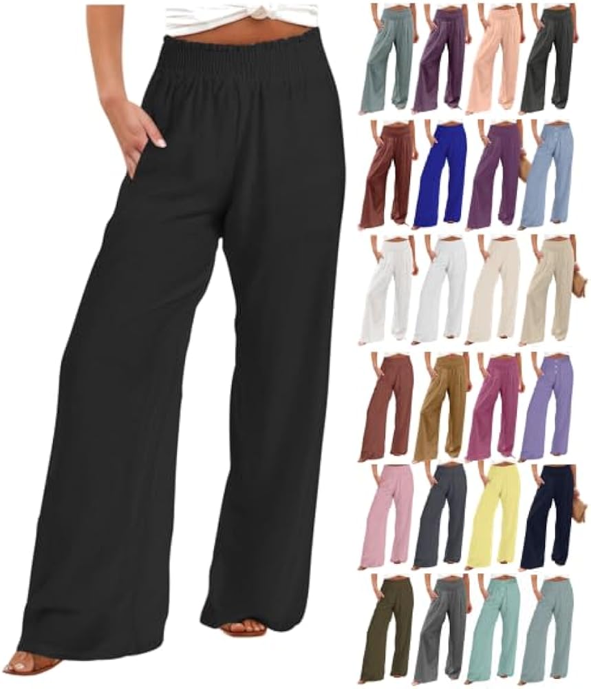 Casual Pants for Women, Linen Pants Women Plus Size, Free People Pants, Wide Leg Pants Woman Summer High Waisted Cotton Linen Palazzo Pants Long Lounge Beach Pant Trousers with Pockets, Black,L