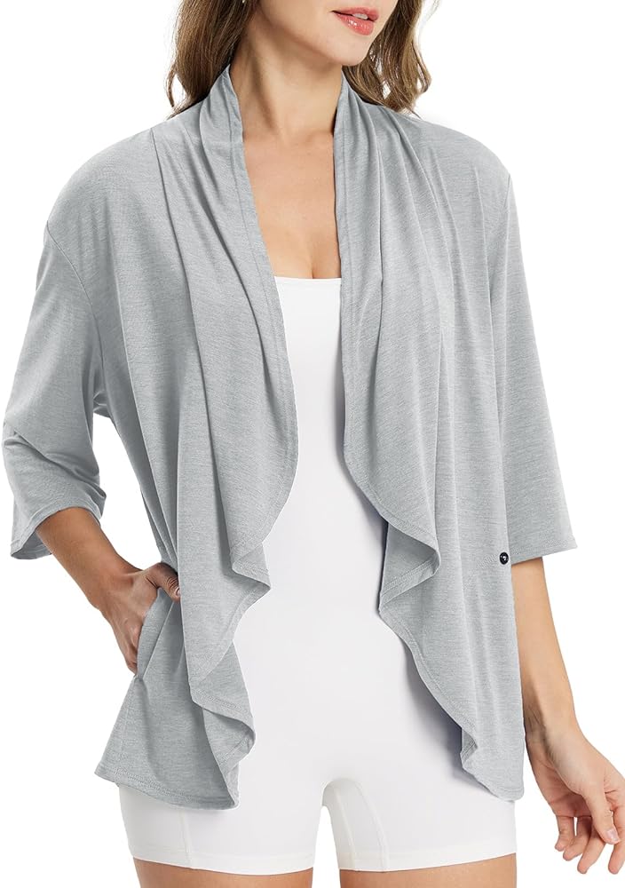 BALEAF Women's Lightweight Cardigans Open Front 3/4 Sleeve Soft Summer Long Cardigan with Pockets for Office Yoga