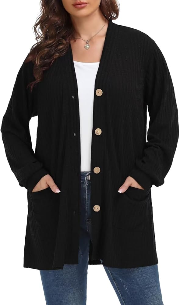 MONNURO Plus Size Open Front Cardigan for Women Lightweight Long Sleeve Button Sweaters with Pockets