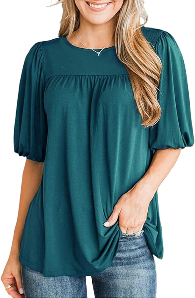 LEIYEE Womens Summer Tunic Tops Puff Short Sleeve Casual Cute Round Neck Loose Fit Flowy Swing Pleated T Shirts Blouse