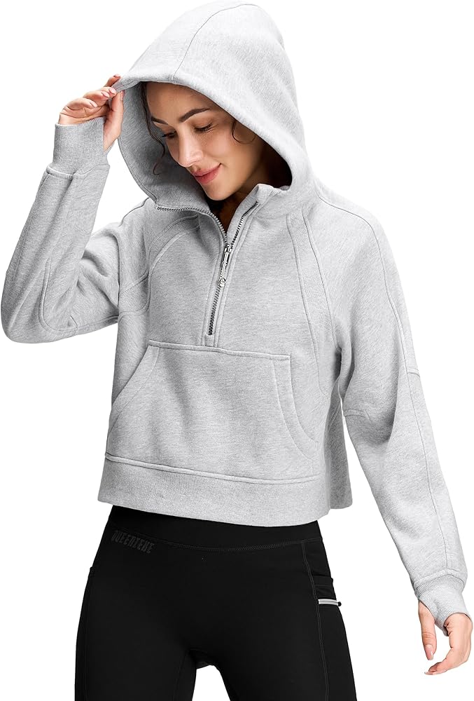 QUEENIEKE Women's Trendy Half Zip Cropped Hoodies - Fleece Quarter Zip Up Pullover Sweatshirts for Winter