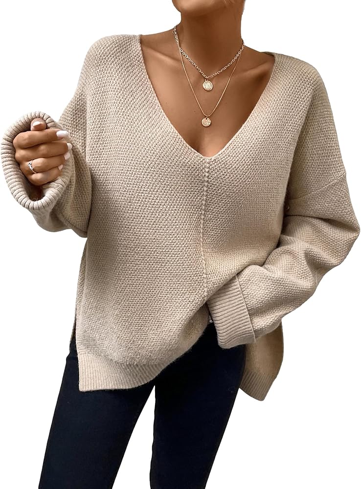 Verdusa Women's Split Side V Neck Drop Shoulder Oversized Sweater Pullover Top