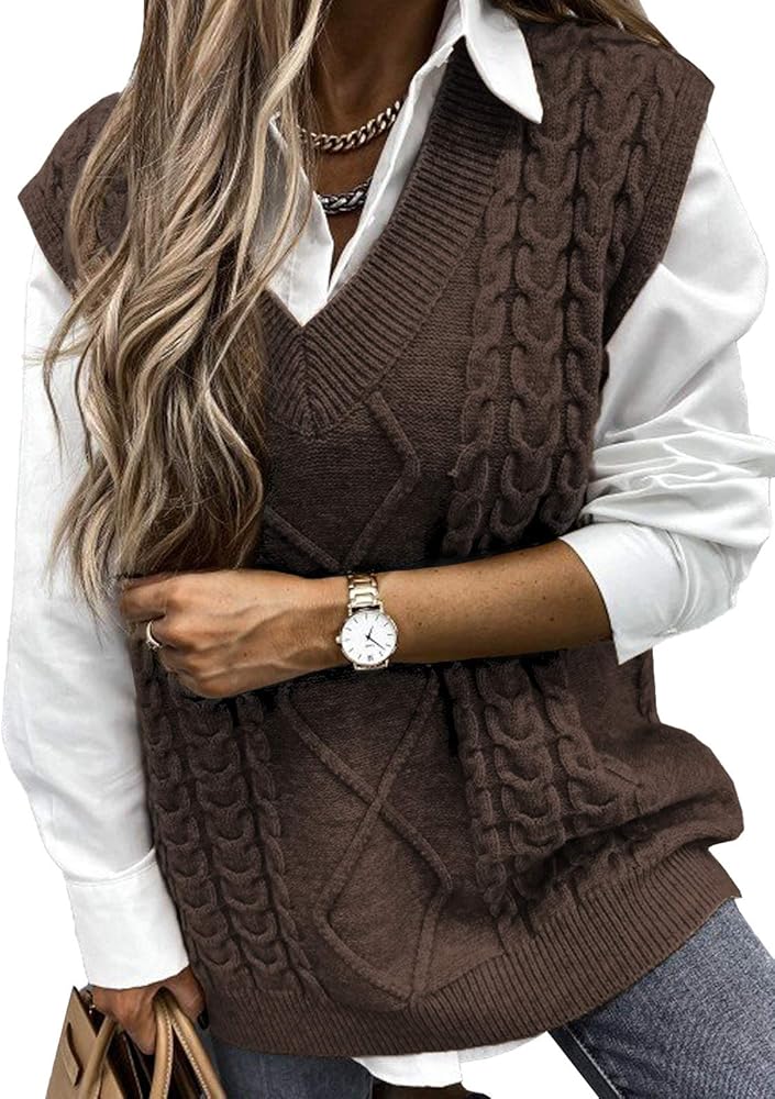 NALANISA Women V Neck Sleeveless Oversized Sweater Vest Casual Loose Cable Knit Sweaters Tank Pullover Fall Winter Outfits