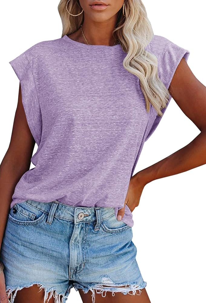 FISACE Womens Summer Crew Neck Cap Sleeve Tank Tops Casual Loose Fit Basic Shirts Blouses