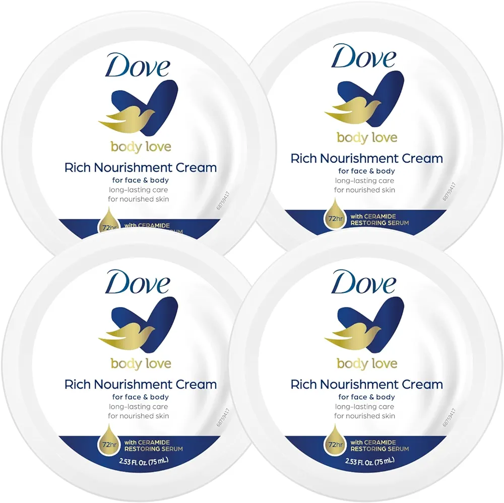 Dove Nourishing Body Care, Face, Hand, and Body Rich Nourishment Cream for Extra Dry Skin with 48-Hour Moisturization, 4-Pack, 2.53 Oz Each Jar