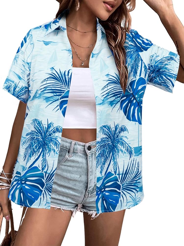 ASTANFY Hawaiian Shirt Women Hawaii T-Shirt Tropical Floral Printed V Neck Shirts Soft Cool Summer Beach Button Up Blouse