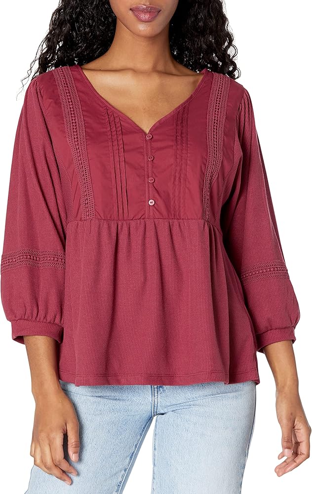 Zac & Rachel Women's Long Sleeve Waffle Knit Top with Crochet Trim