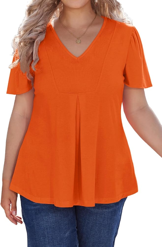 Women's Plus Size Tunic Tops Summer Short Sleeve V Neck Ruffle Blouse Pleated Casual Flowy Swing T Shirt