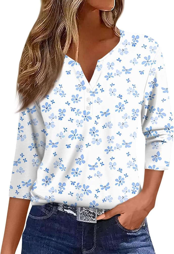 3/4 Sleeve T Shirts for Women Henley V Neck Summer Button Down Shirts Tunic Top Spring Elbow Sleeve Floral Print Blouse