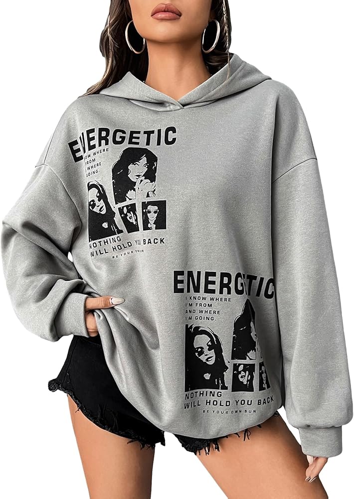 SHENHE Women's Oversized Slogan Print Streetwear Graphic Drop Shoulder Hoodie Pullover