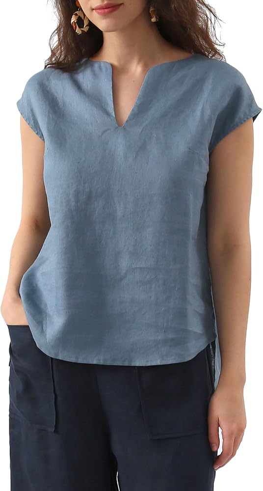 Amazhiyu Women's 100% Linen Summer V Neck Cap Sleeve Blouse Basic Casual Top