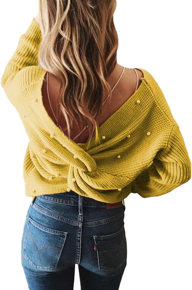 Sexyshine Women's Casual V Neck Criss Cross Backless Long Batwing Sleeve Loose Knitted Sweater Pullovers