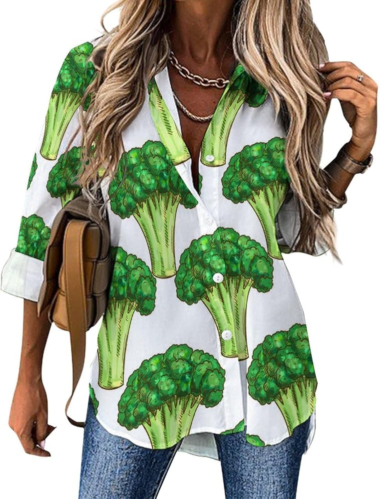 Green Broccoli Classic Shirts for Women Long Sleeve Blouse Casual V Neck Tee Tops Work Office