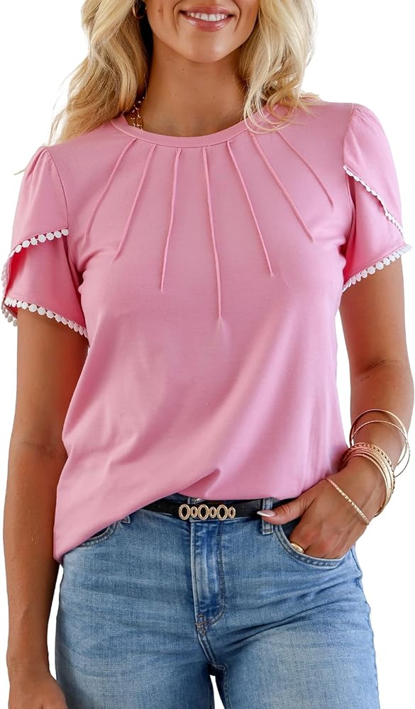 EVALESS Women's Pleated Dressy Blouses Summer Casual Crewneck Lace Crochet Short Sleeve Shirts Cute Loose Tunic Tops