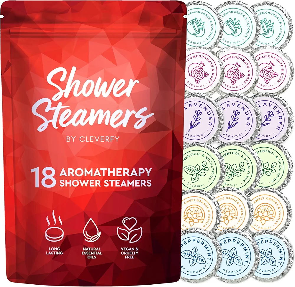 Cleverfy Shower Steamers Aromatherapy - 18 Pack of Shower Bombs with Essential Oils. Personal Care and Relaxation Birthday Gifts for Women and Men. Red Set