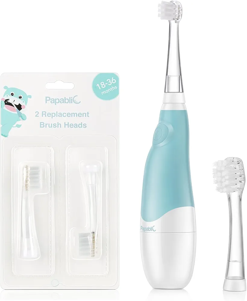 Papablic BabyHandy 2-Stage Sonic Electric Toothbrush for Babies and Toddlers Ages 0-3 Years, Bundle with Replacement Toothbrush Heads - 2 Count (18-36 Months)