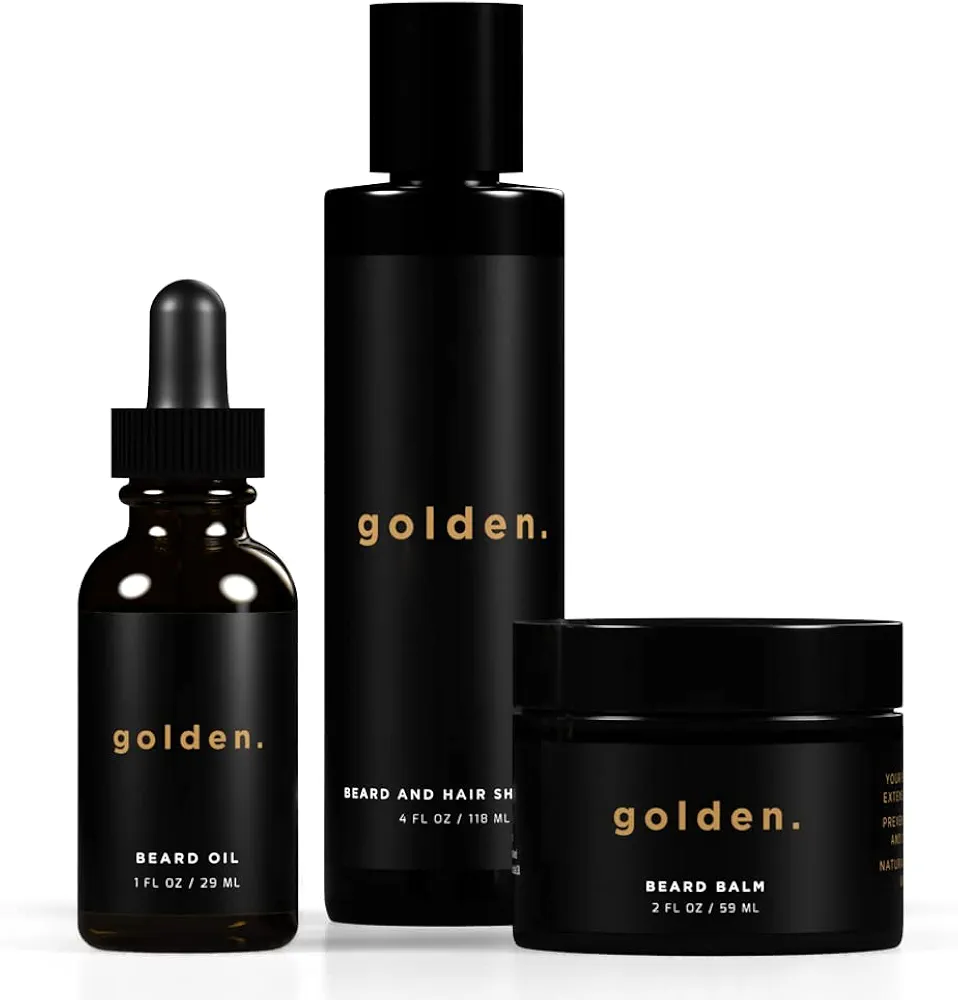 Golden Grooming Co. Beard Kit Bundle: Complete Beard Care - Beard Oil, Balm, Shampoo - All-Natural - Softens, Strengthens, and Nourishes Hair & Skin - Promotes Growth & Grooming - Gift for Him