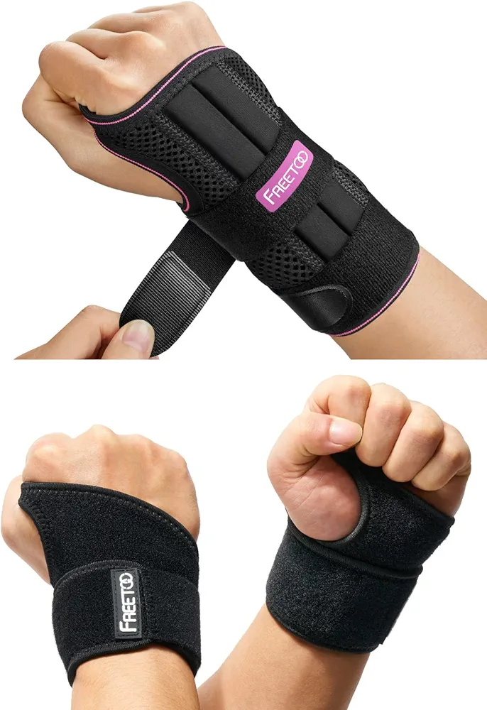 FREETOO Wrist brace with 3 stays + 2 pack compression wrist support