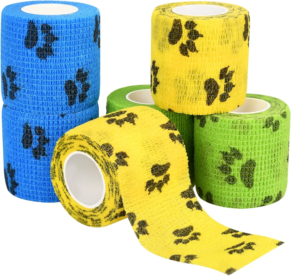 Vet Wraps, 1"/2"/3" Self Adhesive Bandage Wraps, Non-Woven Pet Wraps for Dogs Pet Animals & Ankle Sprains & Swelling (2", 6pcs, Paw Prints A)