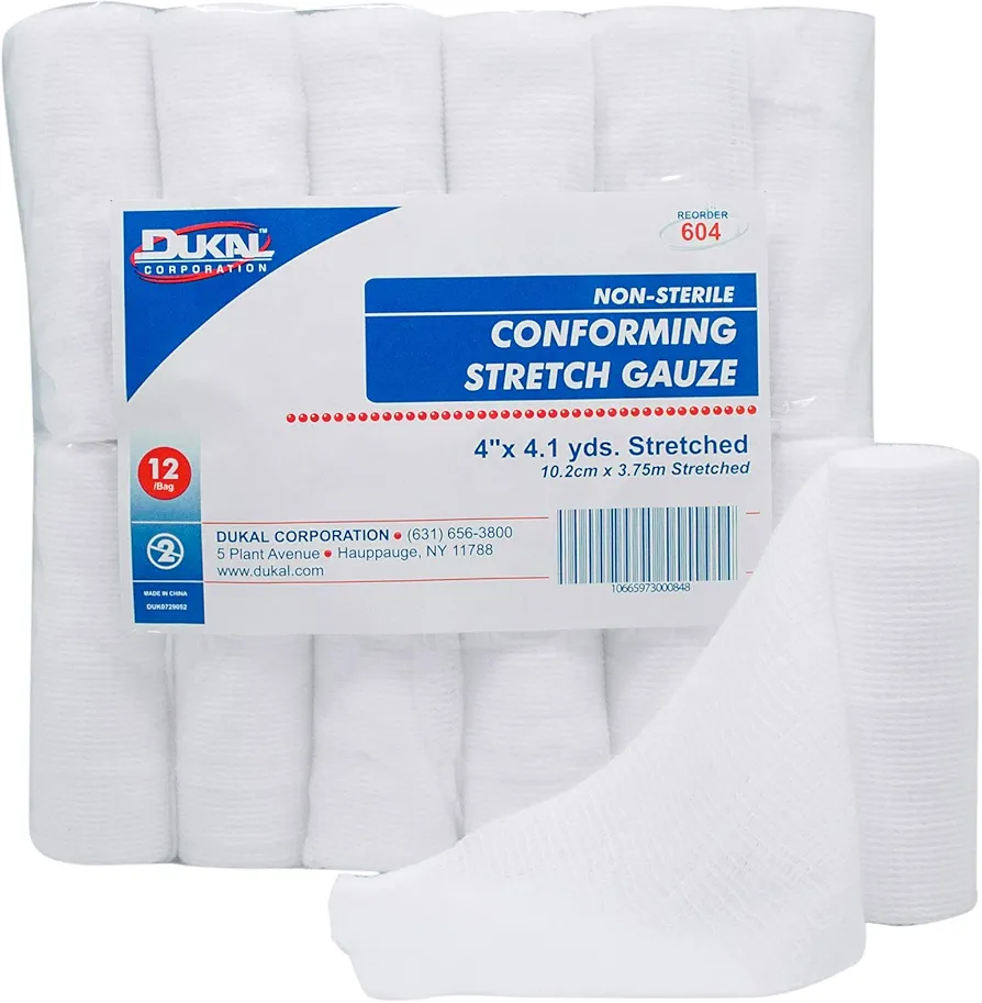 Dukal 604 Conforming Stretch Gauze, Non-Sterile, 4" Width x 4.1 yard Length, Pack of 96