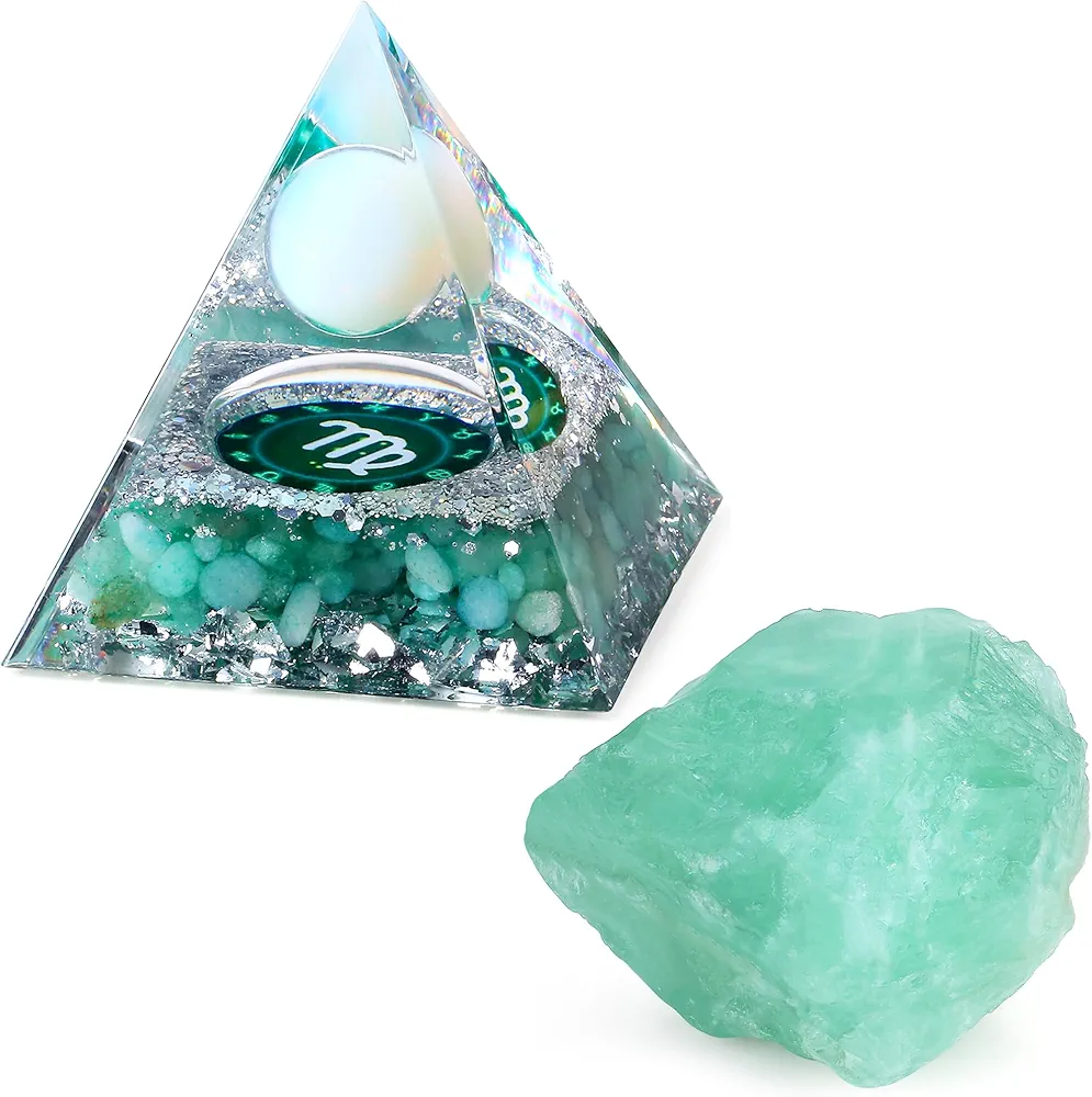 YATOJUZI Green Fluorite 1.6-2.2" Natural Raw Stones and Virgo Zodiac Orgone Pyramid Green Lucky Energy Home Decor Birthday Gifts for Women Men Rough Crystal Rocks for Tumbling Cabbing Polishing 1PCS