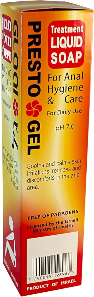 Presto Gel Hemorrhoid Liquid Soap for Anal Hygiene & Care. for Daily Use. pH 7.0 Soothes and Calms Skin irritations, and discomforts in The Anal Area. 8.45Fl.Oz