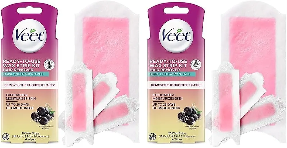 VEET Wax Strips Hair Removal Kit for Face, Underarms, Bikini, Dermatologically Tested, 20ct Wax Strips, 2 Sizes with Shea Butter & 4ct Wipes for At Home Waxing (Pack of 2)