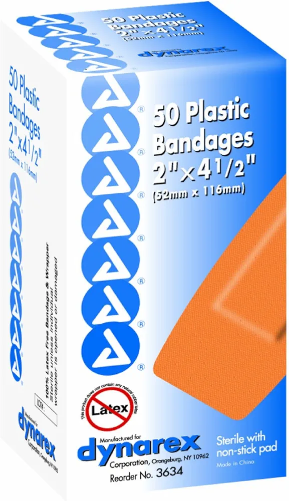 Dynarex Adhesive Plastic Bandage, Extra Large, 2 Inches x 4.5 Inches, Sterile, 50 Count (Pack of 2)