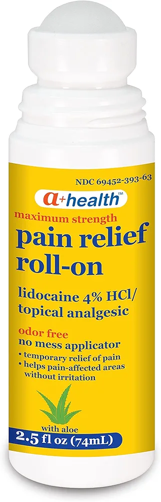 Pain Relief Roll-On Liquid, Lidocaine 4%, Odor Free, Maximum Strength Pain + Itch Relief with Aloe, Made in USA, 2.5 fl Ounces