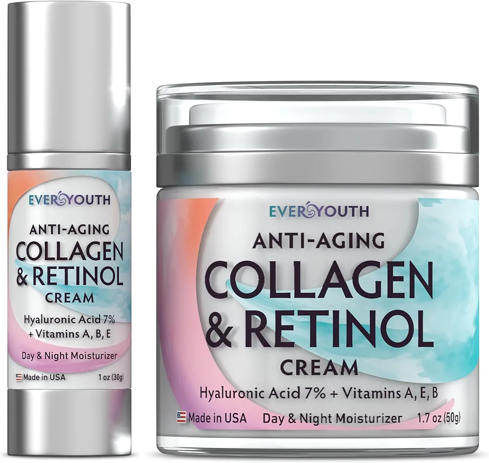 Collagen Cream Moisturizer Face Cream Bundle (Save 20%), Face Moisturizer for Women with Collagen, Retinol, Hyaluronic Acid, Made in USA, For Face, Neck & Décolleté - 1.7oz + 1.0oz (Travel Size)