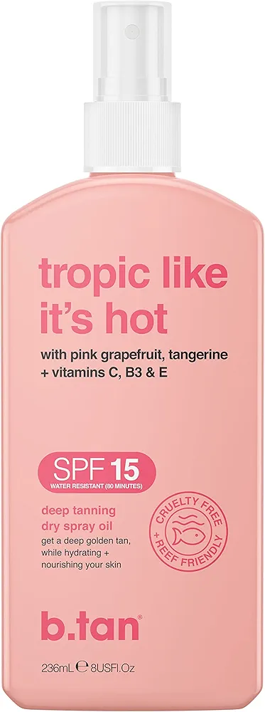 b.tan SPF 15 Deep Dry Spray Tanning Oil | Tropic Like It's Hot - Keeps Skin Hydrated & Hot from Grapefruit, Tangerine, Vitamins C, B5, E, A, 8 Fl Oz