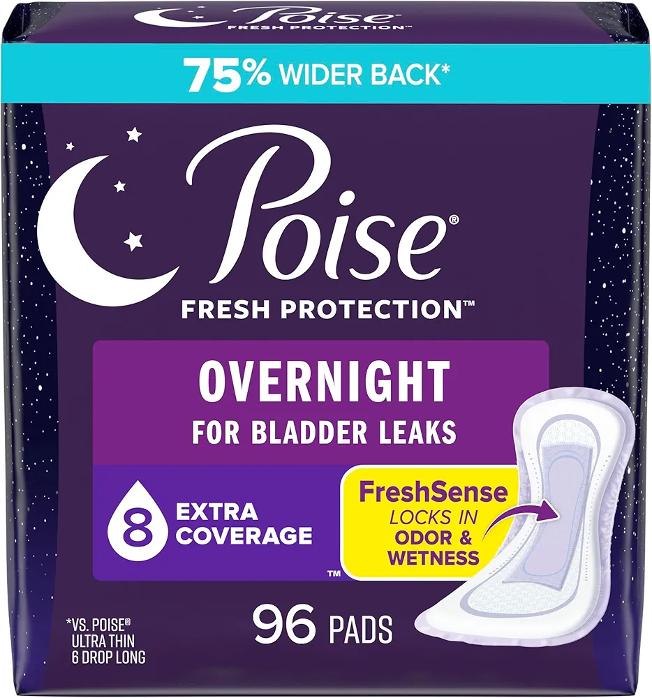 Poise Incontinence Pads & Postpartum Overnight Incontinence Pads, 8 Drop Extra Coverage, 96 Count (4 Packs of 24), Packaging May Vary