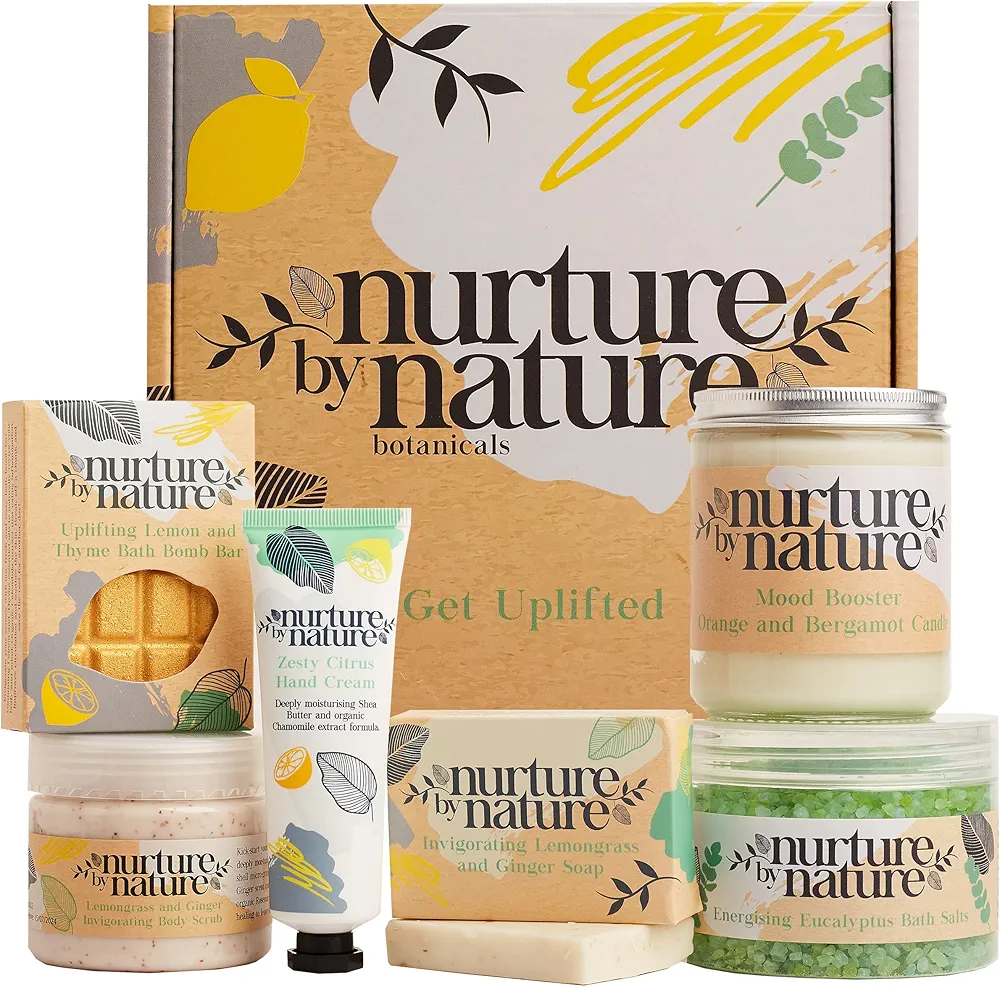 Nurture by Nature RELAX & UPLIFT Pamper Spa Kit - Mothers Day Gift - Spa Gift Baskets for Women, Organic Self Care Kit - Bath Salts, Bath Bombs, Candle - At Home Spa kit for women, Bath Set