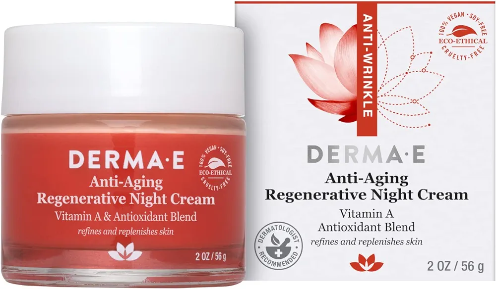 DERMA E Anti-Aging Regenerative Night Cream – Firming Astaxanthin Moisturizer for Face – Lightweight Overnight Anti-Wrinkle Cream with Jojoba Oil and Vitamin E, 2 oz